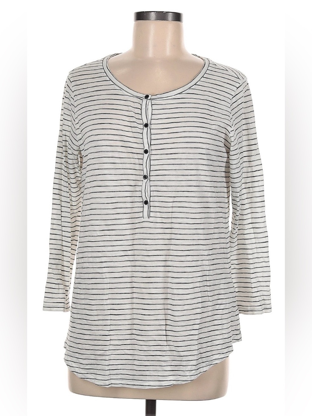 Vince White and Gray Striped Henley Long Sleeve Top